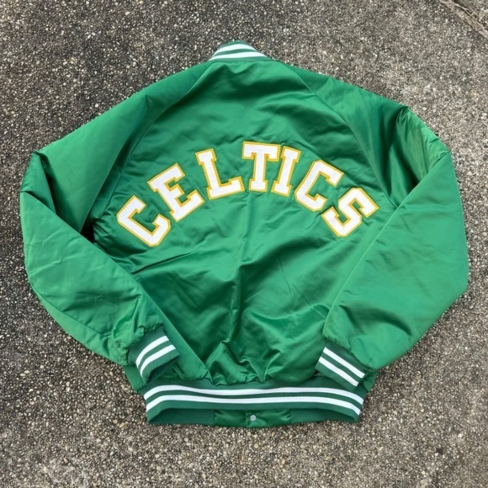 Vtg 80s Chalk‎ Line Boston Celtics Satin Bomber Jacket Men's LT Spellout Green